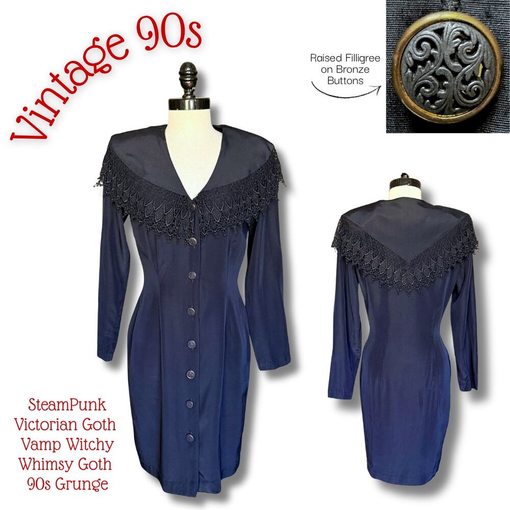 Vintage 90s Victorian Goth Witchy Black Dress Lace Grunge Costume SteamPunk Vamp